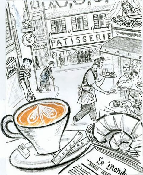 parisian illustration by Steven Salerno Parisian Illustration, Rat Queen, Coffee Illustrations, Rat Queens, Paris Drawing, Cake Fails, Coffee Cart, France Aesthetic, Parisian Cafe