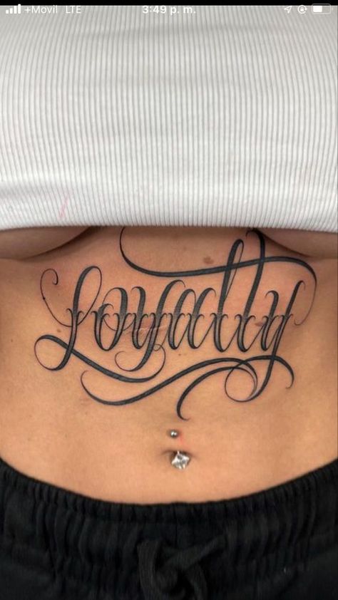 Word Tattoos On Stomach, Lower Back Script Tattoos, Script Stomach Tattoo, Vertical Stomach Scar Tattoo Cover Up, Stomach Script Tattoo, Stomach Tattoos Women Words, Women Stomach Tattoos, Female Stomach Tattoos, Savage Tattoo