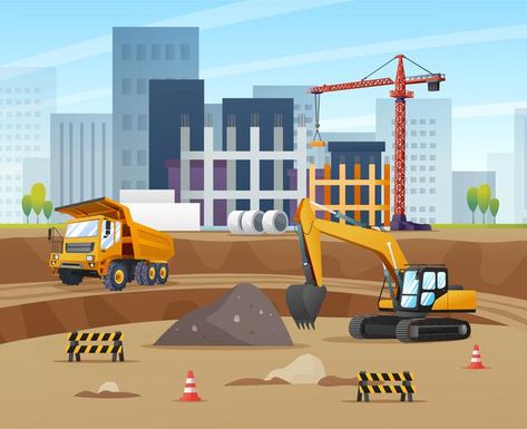 Female Engineer, Wheel Loader, Concrete Mixers, Construction Site, Cartoon Illustration, Premium Vector, Graphic Resources, Borders, Trucks