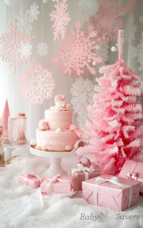 A festive scene with a pink Christmas theme features a decorated pink cake, a small pink Christmas tree, and wrapped pink gifts—a perfect setting for blending holiday charm with baby shower ideas. Delicate pink and white snowflakes hang gracefully in the background. Snowflake Baby Shower Ideas, Pink Winter Wonderland Baby Shower, Unique Baby Shower Ideas, Enchanted Forest Baby Shower, Pink Winter Wonderland, Pink Lighting, Unique Baby Shower Themes, Snowflake Baby Shower, Pumpkin Halloween Costume