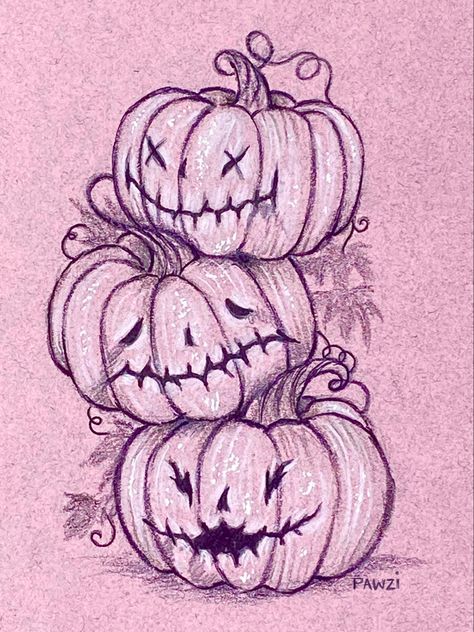 Original drawing of a spooky pumpkin trio witth creepy cute little faces, pencils and ink on pink paper 💕 Stacked Pumpkin Drawing, Pumpkin With Vines Drawing, Halloween Drawing Pumpkin, Spooky Halloween Drawings Easy, Creepy Pumpkin Drawing, Halloween Theme Drawings, Pumpkin Sketch Simple, Spooky Things To Draw, Easy Spooky Drawings