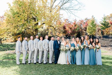 Bridal Party Shades Of Blue, Mix Match Blue Bridesmaid Dresses With Groomsmen, Azazie Blue Bridesmaid Dress, Blue Bridesmaid Dresses With Groomsmen, Groomsmen Attire Grey, Blue Groomsmen Attire, Tan Groomsmen, Blue Bridal Party, Barn Style Wedding