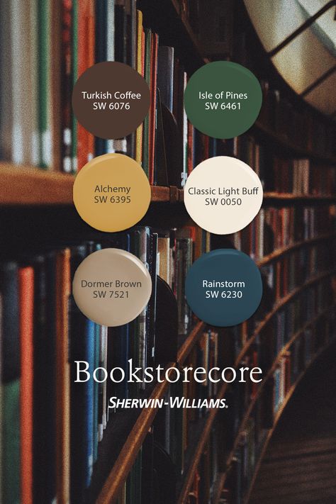 From serene blue and saturated green to classic neutrals, the hues of this palette from Sherwin-Williams pull you into a whimsical world of books. Tap this pin to order FREE color chips. #sherwinwilliams #DIY #interiordesign #color #inspiration #paint #decor #homeimprovement #homedecor #bookstorecore #bookcore #booktok Dark Blue Brown Green Color Palette, Paint Colors For Library Room, Craftsman Home Paint Colors, Cottagecore Paint Colors Sherwin Williams, Dark Academia Blue Color Palette, Color Pallets For Coloring Books, Bookish Color Palette, Harry Potter Paint Colors, Classic Color Pallete