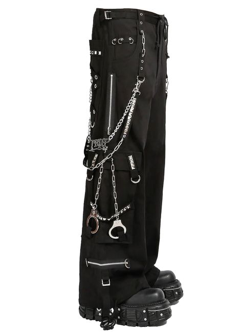 TOO MUCH HARDWARE? NOT EVEN A THING!🖤 ⛓️(ง •̀_•́)ง These black pants feature removable chains and handcuffs, a TRIPP NYC logo chain, adjustable ankles, studs, and deep pockets. – Drawstring and adjustable waist buckles allow for a tighter fit on the waist. 100% Cotton. Waist measurements are based on the waistband's full extension - that is the maximum inches that the waist will extend to. MODEL IS WEARING X-SMALL SIZE WAIST (Fully Extended) INSEAM XS 31 32 S 33 32 M 35 32 L 38 32 XL 41 32 XXL Outfits With Chains, Chain Pants Outfit, Pants With Chains, Trip Pants, Pants Reference, Alternative Pants, Nyc Logo, Chain Outfit, Tripp Nyc Pants