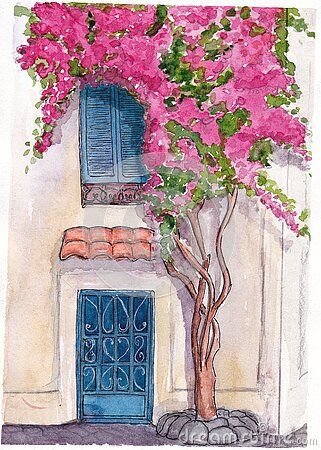 How To Draw Bougainvillea Step By Step, Watercolour Bougainvillea, Bougainvillea Illustration, Salon Hacks, Bougainvillea Painting, Bougainvillea Watercolor, Arizona Houses, Greek Images, Window With Shutters