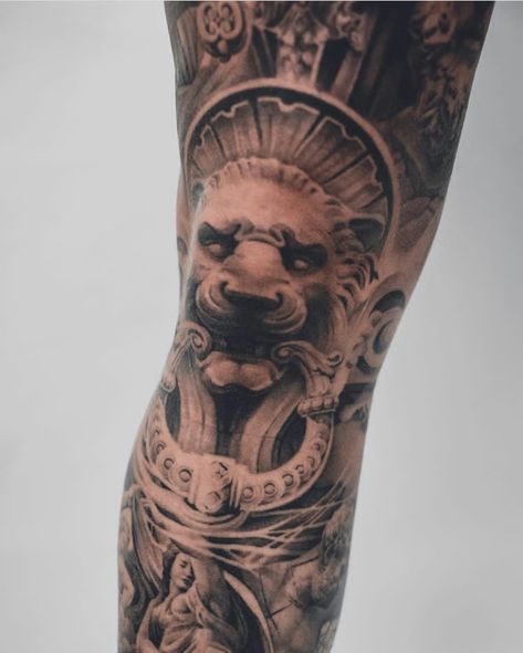 Leg Tattoo Men Realism, Roman Realism Tattoo, Greek Mythology Shin Tattoos, Greek Knee Tattoo, Roman Leg Sleeve, Greek Tattoo Leg, Greek Leg Tattoo, Realistic Leg Tattoo, Realism Leg Sleeve