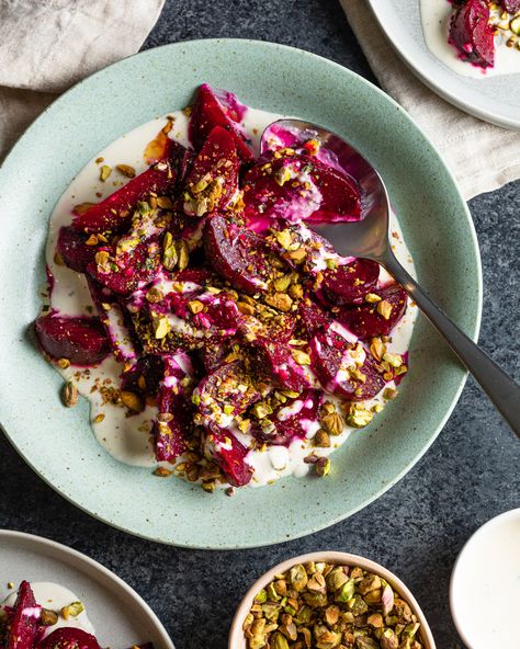 Roasted Beet & Pistachio Salad with Horseradish Crème Fraîche Gelson's Pistachio Salad, Beetroot Salad, Roasted Beets, Beet Salad, Beets, Pistachio, Food Inspiration, Salad Recipes, Diner