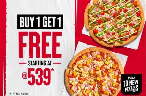 Pizza Hut Offers & Coupons: One can find the best deals on Pizza Hut. It always offers amazing discounts and cashback to customers on its mouth-watering pizzas and other dishes. During the festive season, Pizza Hut offers special deals, and usually 1 Plus 1 offer and the Buy 1 Get 1 Free always remain active and every Friday, the Pizza Hut Friday offer brings joy to the faces of pizza lovers. Pizza Buy 1 Get 1 Free, Pasta Starters, Pizza Hut Ads, Buy 1 Get 1 Free Design Poster, Pizza Hut Coupon Codes, Pizza Ads, Pizza Banner, Pizza Menu Design, Meta Ads