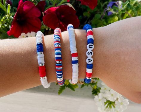 4th of July Heishi Bracelet Red, White & Blue Bracelet Patriotic Bracelets America Independence Day - Etsy Bead Bracelet Stack, Patriotic Bracelet, America Independence Day, Clay Bead Bracelet, Blue Clay, Custom Bracelet, Clay Bead, Bracelet Blue, Bracelet Ideas