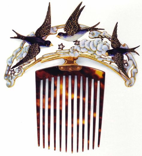 Art Nouveau Enamel, tortoise shell, and diamond “Bluebird” hair comb by Lucien Gaillard. c. 1900 Lalique Jewelry, Antique Hair Combs, Bijoux Art Deco, Bijoux Art Nouveau, Vintage Hair Combs, Hair Adornments, Birds And Flowers, Art Nouveau Jewelry, Hair Ornaments