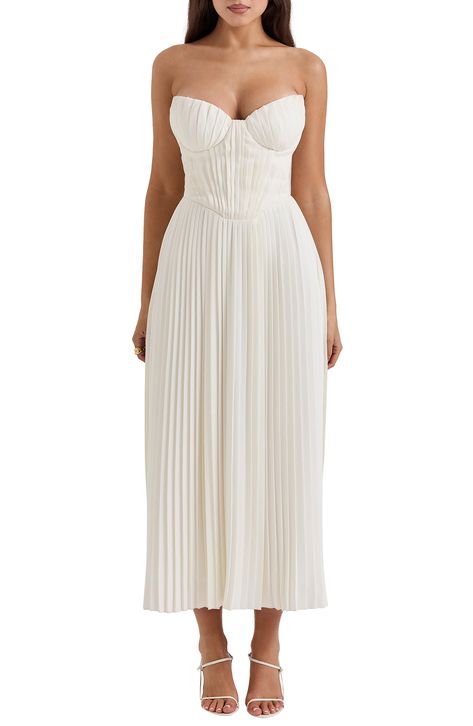 HOUSE OF CB Amorata Strapless Pleated Georgette Cocktail Dress | Nordstrom Ivory Bridesmaid Dresses, Dream Items, Rehearsal Dinner Dresses, Eve Dresses, Pleated Maxi Skirt, Event Outfit, Graduation Ideas, Dinner Dress, Pleated Maxi Dress