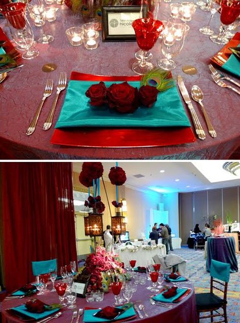 Turquoise and red tablescapes with peacock accents! Red And Teal Wedding, Wedding Manifestation, Wedding Color Combinations, 16th Birthday Decorations, Peacock Wedding Theme, Engagement Dinner, Wedding Red, Teal Wedding, Turquoise Wedding