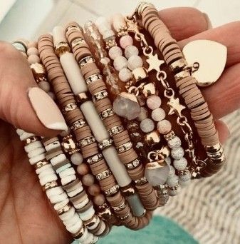 Beaded Bracelets Neutral Colors, Heishi Bead Bracelet Patterns, Neutral Color Bracelets, How To Make Stack Bracelets, 2023 Diy Jewelry Trends, Diy Stackable Bracelets, Bracelet How To, Neutral Heishi Bracelets, How To Photograph Bracelets