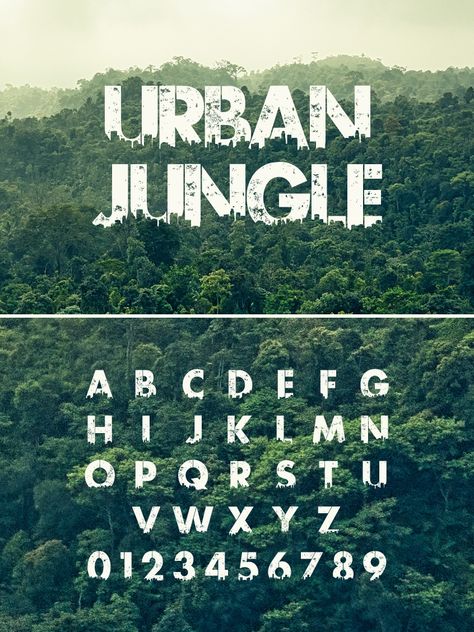 Urban Jungle Font is a distorted eroded typeface, created in 2011 by KC Fonts, it boldly asserts itself with a grunge aesthetic and a faded appearance, drawing its inspiration from the vibrant culture of graffiti and street art. #urban #jungle #font #free #download #typeface Jungle Typography, Urban Jungle Font, Nature Fonts, Minimalist Infographic, Jungle Font, Forest Font, Urban Font, Urban Fonts, Dasara Wishes