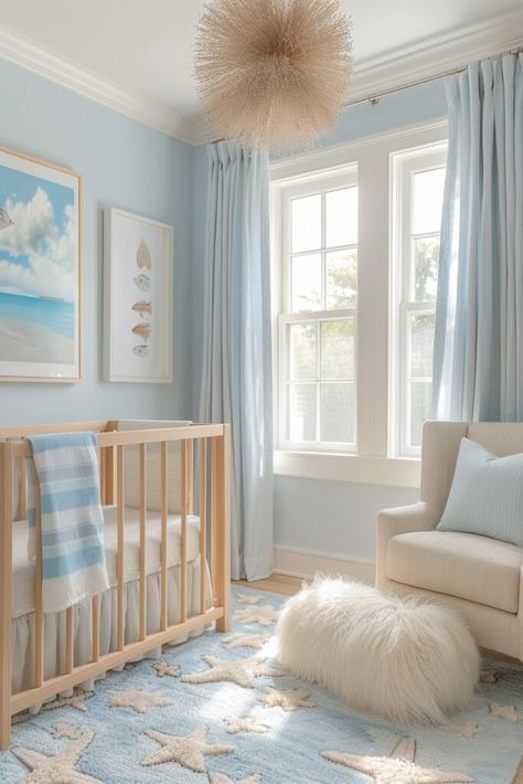 29 Coastal Nursery Ideas to Transform Your Baby's Room Coastal Nursery Ideas, Sea Nursery Boy, Baby Blue Nursery, Under The Sea Nursery, Peaceful Beach, Coastal Nursery, Ocean Themed Nursery, Plush Rugs, Sea Nursery