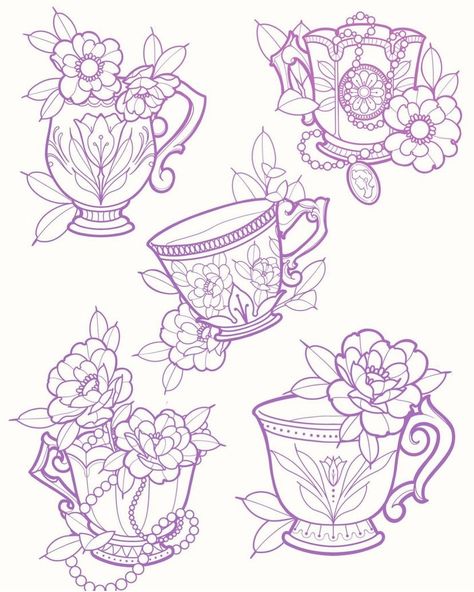 Cup Of Tea Tattoo, Teapot Tattoo, Tea Cup Drawing, Tea Tattoo, Teacup Tattoo, Cup Tattoo, Neotraditional Tattoo, Coffee Tattoos, Tattoo Portfolio