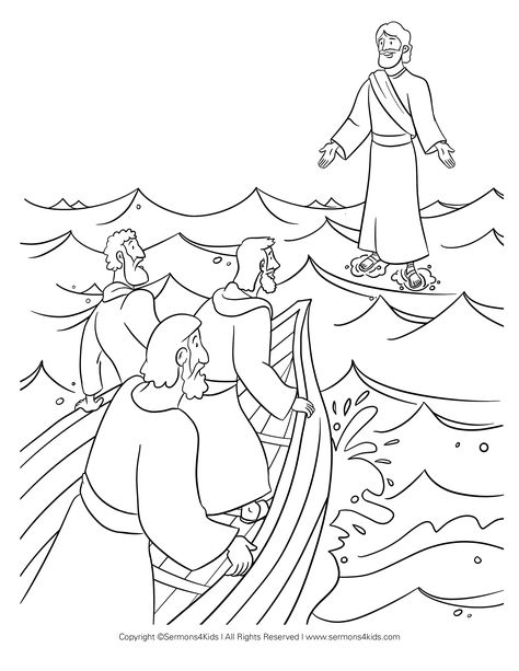 Peter Walks On Water, Jesus Walks On Water, Jesus Walking, Jesus Coloring Pages, Sunday School Coloring Pages, Kids Sunday School Lessons, Childrens Sermons, Walking On Water, Bible Activities For Kids