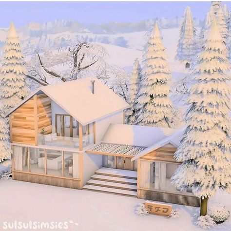 Sims Outside House, Ideas For Sims 4 Houses, Sims 4 House Build Ideas, Sims Snowy Escape House, Sims 4 Houses Outside, Sims 4 Snowy Escape Build, Sims Winter House, Winter House Layout, Snowy Escape House Sims 4