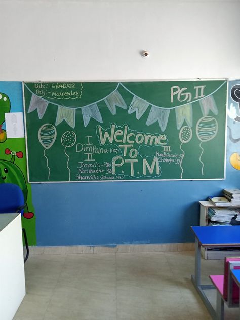 Nursery Chart Ideas, Class Black Board Decoration Ideas, Welcome To Ptm Board Ideas, Ptm Board Decoration Ideas School Chalk, Black Board Decoration For Ptm, Ptm Decoration School, Result Day Decoration Ideas In School, Welcome To Ptm Board Decoration, Board Decoration Ideas School With Chalk