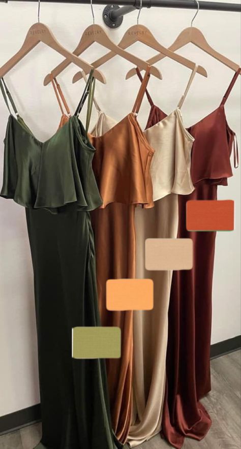 Neutral Color Bridesmaid Dress, Fall Silk Bridesmaid Dresses, Autumn Bridesmaid Dresses Mismatched, Autumn Bridesmaids Dresses, Boho Style Bridesmaid Dresses, Muted Jewel Tone Bridesmaid Dresses, Autumn Wedding Party Attire, Earth Tones Bridesmaids, Rust Bridesmaid Dresses Mismatched