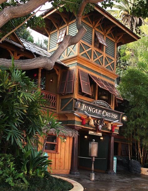 The Lost Delta boathouse or Original Headquarters of the Jungle Navigation Co. Ltd., the West Dock and possibly also as Forbidden Landing is a location from Disneyland's Jungle Cruise. The Lost Delta boathouse is a building in the Lost Delta of India, along the river. The building has two stories in-addition to a tower which had three stories with presumed attic crawl-space. The docks of the building were used by the Jungle Navigation Company and their skippers for their river operations. ... Disney Architecture, Planet Ideas, Jungle Retreat, Foolish Mortals, Planet Coaster, Disneyland California Adventure, Jungle Cruise, Pirates Cove, Disney Imagineering