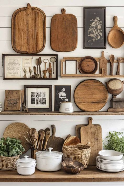 Charming farmhouse kitchen wall collage featuring rustic frames, vintage signs, and greenery. Small Wall Kitchen Decor, Boho Kitchen Wall Decor Ideas, Kitchen Picture Ideas, Kitchen Wall Collage, Vintage Kitchen Wall Decor, Wall Collage Ideas, Boho Farmhouse Kitchen, Kitchen Wall Decor Ideas, Farmhouse Kitchen Wall Decor