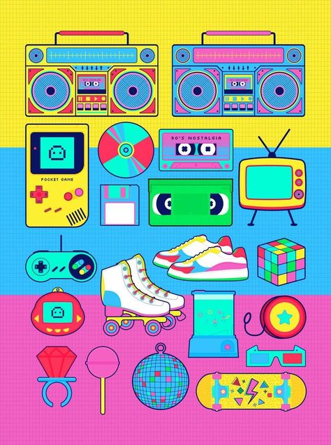 90s 80s memphis nostalgic colorful retro objects toys 90s Objects Aesthetic, Année 80 Aesthetic, 90s Objects, 80s Objects, Retro Toys 80s, 90s Illustration, 90s Graphics, 80s Illustration, Community Mural