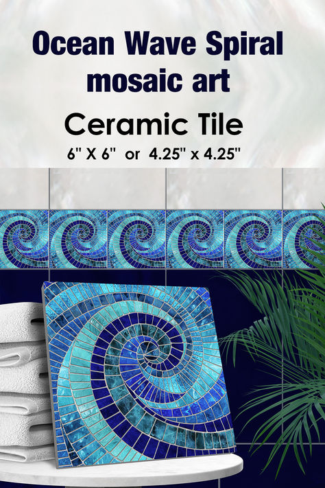 Ocean Wave Spiral mosaic art Ceramic Tile Wave Mosaic Tile, Spiral Mosaic, Wave Mosaic, Green Ceramic Tile, Mosaic Waves, Mosaic Inspiration, Moroccan Mosaic, Mosaic Projects, Mosaic Diy