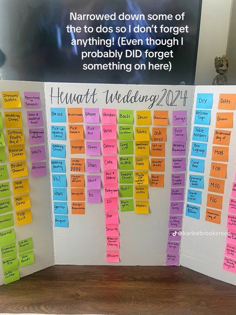 To Do Wedding Board, Wedding Post It Note Board, Wedding Todo Board, Wedding Planning Poster Board Ideas, Post It Note Wedding Planning, Wedding Sticky Note To Do Board, Wedding To Do Poster Board, Wedding Planning Sticky Note Wall, Poster Board Wedding Planning