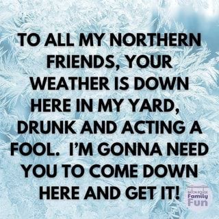 Found on America’s best pics and videos Florida Weather Humor, Florida Funny, Southern Humor, Snow Humor, Funny Weather, Hate Winter, Snarky Quotes, Funny Mom Quotes, Best Pics