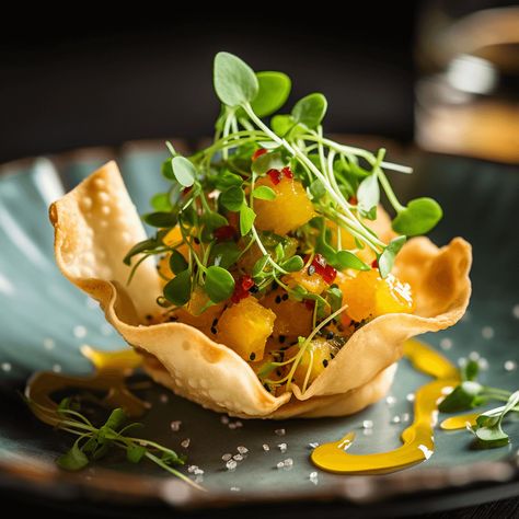 Scallop and Mango Tartare with Spicy Microgreens and Wonton Chips Recipe Chicken Al Pastor, Fine Dining Starters, Taco Appetizers, Al Pastor Tacos, Double Recipe, Pastor Tacos, Tartare Recipe, Wonton Chips, Pineapple Salsa Recipe