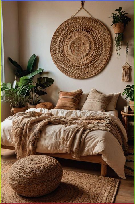 Boho Rug Wall Hanging, Boho Neutral Bed, Golden Boho Bedroom, Boho Chic Aesthetic Room, Plant Boho Bedroom, Cozy Earthy Bedroom Boho, Light Boho Bedroom, Decor For Over The Bed, Warm Boho Bedroom