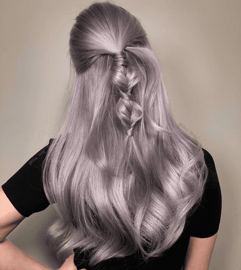 Enchanted Silver Purple Elegance Silver And Purple Hair, Silver Purple Hair, Purple Hair Ideas, Hair Half Up Half Down, Thick Braid, Olive Skin Tone, Guy Tang, Hair Color Burgundy, Hair Half Up