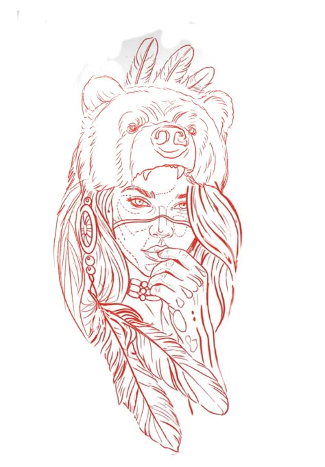 Native Woman Tattoo Design, Woman With Bear Headdress Tattoo, Realism Stencil, Wolf Girl Tattoos, Tattoos Stencil, Indian Tattoo Design, Headdress Tattoo, Native American Drawing, Bear Tattoo Designs