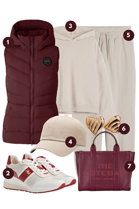 This fashion moodboard effortlessly blends functionality with style, ideal for those crisp winter days. The ensemble is anchored by a plush, burgundy puffer vest that promises warmth without compromising on silhouette. Complementing this is a soft, cream hoodie that adds a layer of comfort and casual chic. The look is balanced with relaxed beige joggers, offering a neutral base for the rich tones above. Burgundy Puffer Vest Outfit, Maroon Puffer Vest Outfit, Beige And Burgundy Outfit, Burgundy Hoodie Outfit, Burgundy Vest Outfit, Charity Gayle, Beige Joggers, Puffer Outfit, Puffer Vest Outfit