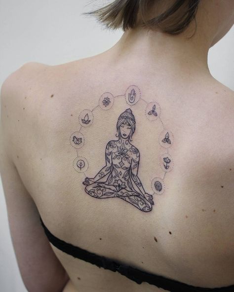 Buddism lotus tattoo by Irene Bogachuk Meditating Tattoo, Budist Tattoo, Monk Tattoo, Yoga Symbols Art, Person Meditating, Tattoo Yoga, Meditation Tattoo, Buddha Tattoos, Tattoo Mandala