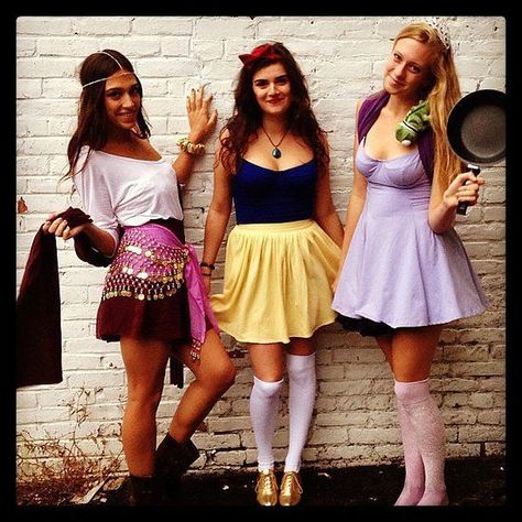 Disney Princess Halloween Costumes: Esmerelda, Snow White, and Rapunzel Esmeralda Halloween, Disney Princess Group Costumes, Disney Esmerelda, Esmeralda Costume, Diy Princess Costume, Disney Princess Halloween Costumes, Diy Costume Ideas, Disney Princess Halloween, Princess Halloween