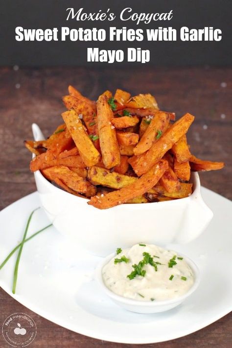 This Sweet Potato Fries and dipping sauce recipe is a copycat of Moxie’s recipe. Made with baked, instead of fried, spicy sweet potato fries, with a scrumptious garlic mayo dip, it’s the perfect stay at home snack or appetizer! #fries #dip #sweetpotato #garlicmayodip #moxies Fries Dip, Spicy Sweet Potato Fries, Mayo Dip, Grilled Steak Salad, Raw Sweet Potato, Sweet Potato Recipes Fries, Garlic Mayo, Gluten Free Sides, Dipping Sauces Recipes