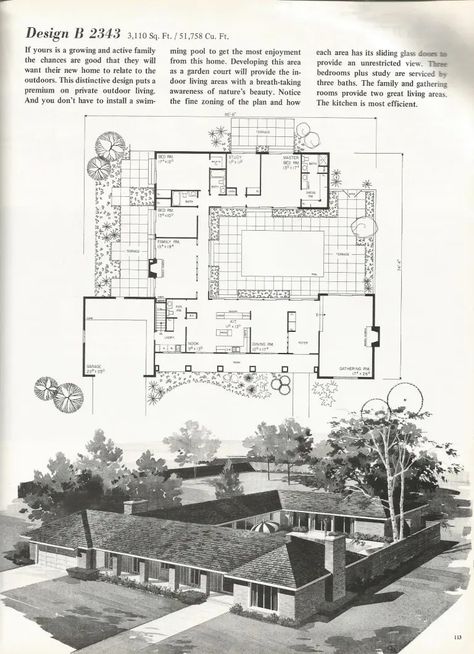 Sims Exterior, Dream Architecture, Mid Century House Plans, Vintage Floor Plans, Mid Century Modern House Plans, Sims Houses, Courtyard House Plans, Vintage House Plans, Beautiful Rooms