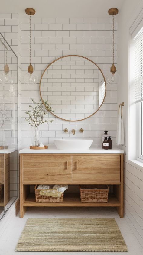 Discover 7 stunning bathroom decor ideas that will instantly elevate your space. From chic storage solutions to stylish accessories, these tips are perfect for creating a luxurious and functional bathroom. Whether you're looking to refresh a small bathroom or a large one, these ideas will inspire a beautiful and practical makeover. Perfect for modern and classic bathroom styles. Small Vanity Next To Toilet, Small Bathroom Vanity Decor Ideas, Gold Farmhouse Bathroom, Small Bathroom Modern Farmhouse, Shiplap Bathroom Ideas, White Tiles Bathroom, Bathroom Towel Hanging Ideas, Bathroom 2025, Bohemian Bathroom Ideas