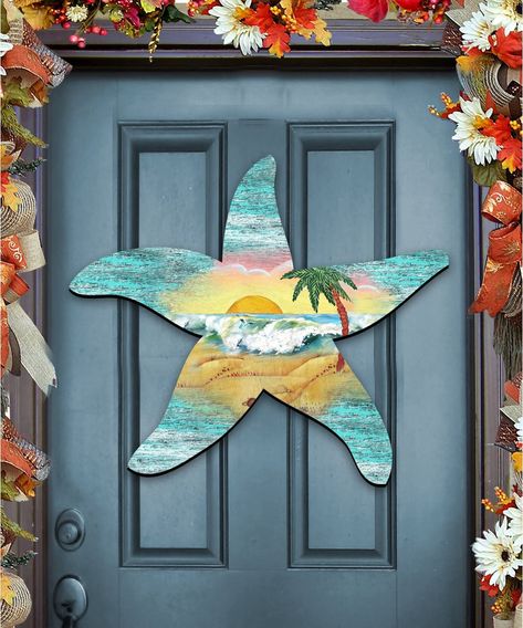 Beach Decor - Coastal - Starfish Scenic Sunrise Beach Coast Waves, Palm Tree Wooden Door Hanger - Shabby chic beach decor #8198531H Shabby Chic Beach Decor, Shabby Chic Beach, Sea Turtle Wall Art, Simple Nursery, Turtle Wall Art, Ocean Wall Decor, Surfboard Wall Art, Palm Tree Sunset, Nostalgic Gifts