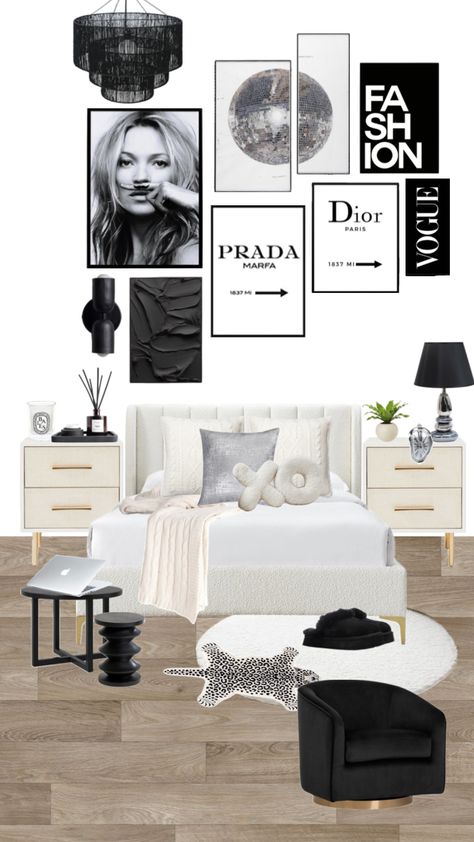 Girly Black Bedroom, Dior Aesthetic Bedroom, Nyc Inspired Bedroom, Glamour Aesthetic Bedroom, Cool Bedroom Decor Ideas, Stockholm Bedroom Ideas, New York Aesthetic Bedroom, Bedroom Ideas Stockholm Style, Black And White Themed Room