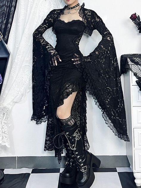 Material: Polyester spandexColor: BlackOption: Bolero Only, Dress OnlySize: XS, S, M, L Bolero Size: Unit: CM Shoulder Sleeve Length XS 33 64 18 S 34 65 18.5 M 35 66 19 L 36.5 67 19.5 Dress Size: Unit: CM Shoulder Waist Hip Length S 67-87 57-69 76-90 118 M 71-91 61-73 80-94 120 L 77-97 67-79 86-100 122 * 1cm ≈ 0.3937 inchNote: There may be 2-3cm error due to manual measurement. If you need size help, please drop us a message, we'd love to help. Lacy Goth Outfit, Gothic Lace Dress, Goth Outfits Dress, Outfit Ideas Goth, Lace Gothic Dress, Dark Costumes, Elegant Goth, Goth Rave, Gothic Lace