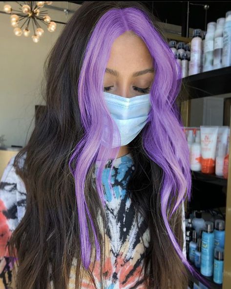 Blue Money Piece Brunette, Money Piece Hair Color Purple, Brown With Purple Money Piece, Purple Hair With Light Purple Money Piece, Brown Hair With Purple Front Strands, Front Piece Dyed Hair, Black Hair With Purple Halo, Cool Coloured Hair, Black And Other Color Hair