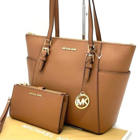 Michael Kors Large Charlotte Tote Bag & Double Zip Wallet Wristlet Luggage Brown Credit Card Holders, Wallet Wristlet, Wristlet Wallet, Zip Wallet, Kors Jet Set, Id Holder, Large Tote, Wrist Strap, Michael Kors Jet Set