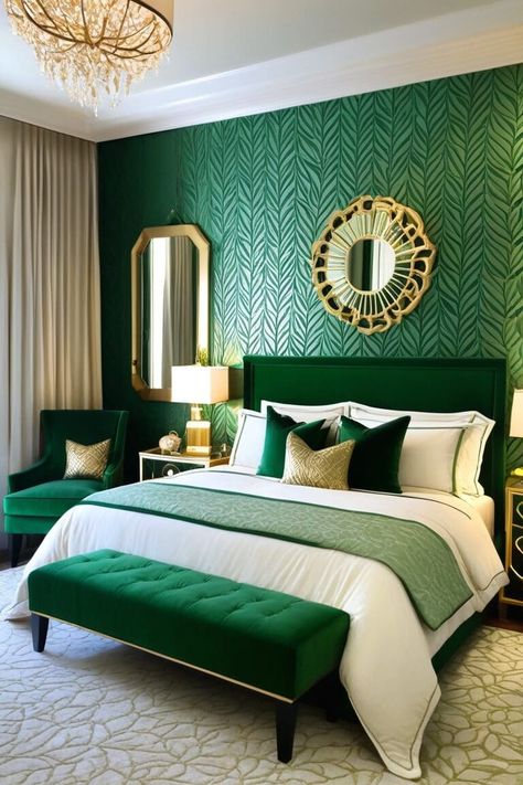 Emerald Green And Gold Room Ideas Bedroom, Emerald Green Desk, Emerald Headboard Bedroom, Emerald Master Bed, Emerald Green And Coral Bedroom, Bedroom Inspirations Jewel Tones, Pink And Emerald Bedroom, Chartreuse Bedroom Decorating Ideas, Emerald Green Decor Bedroom