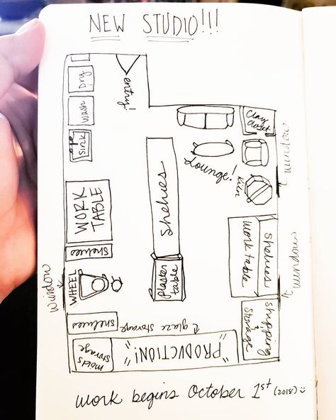 Katie Marks on Instagram: “Just a rough sketch of what I'm thinking for the studio layout! Today I went to @georgiesceramic and checked it out! So cool! Cant wait to…” Studio Pottery Marks, Art Studio Layout Floor Plans, Clay Studio Layout, Pottery Room Ideas Design Studios, Pottery Studio Layout, Pottery Idea, Studio Layout, Studio Spaces, Cafe Ideas