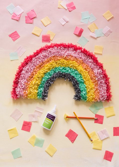 DIY Tissue Paper Rainbow - The House That Lars Built Tissue Paper Rainbow, Birthday Candles Diy, Tissue Paper Decorations, Tissue Paper Craft, Tissue Paper Art, Paper Rainbow, Tissue Paper Crafts, Rainbow Diy, Witchcraft Books