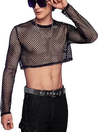 Occasion: club, party, music festival, rave outfits Tops Outfit Ideas, Guy In Crop Top, Fishnet Outfit, Tops Outfit, Stylish Crop Top, Sheer Crop Top, Club Tops, Stylish Party, Crop Top Outfits