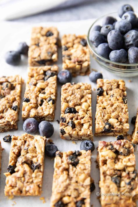 Healthy Homemade Blueberry Granola Bars (Vegan, GF) - Beaming Baker Blueberry Granola Bars, Oatmeal Granola Bars, Granola Bar Recipe Healthy, Vegan Granola Bars, Blueberry Granola, Homemade Granola Bar Recipe, Homemade Granola Bars Healthy, Granola Bar Recipe, Homemade Granola Healthy